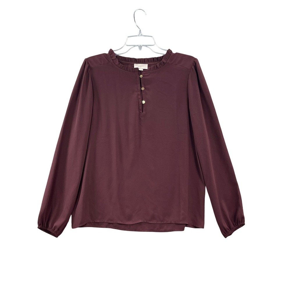 Loft Blouse Womens Medium Burgundy Ruffle Neck Long Sleeve Gold Button Top
